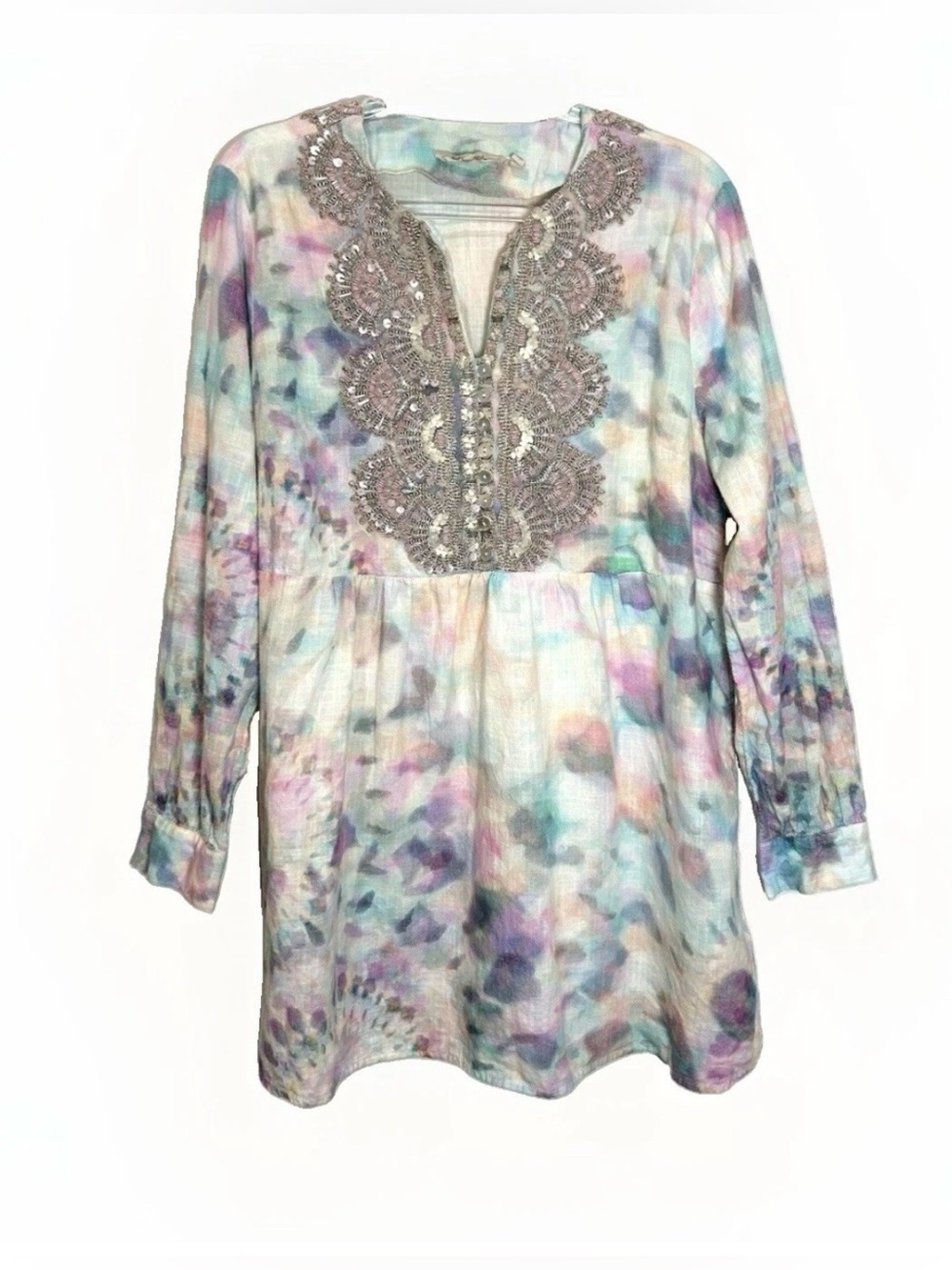 Soft Surroundings Tunic Women’s Sz L Beaded Tie Dye Bazille 100% Cotton Boho